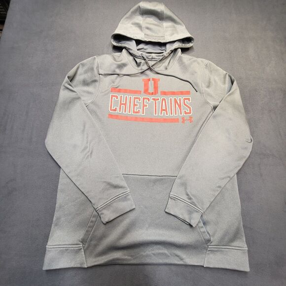 Under Armor Cold Gear Hoodie Mens L Gray Pullover Sweatshirt Utica Chieftains - Picture 1 of 8